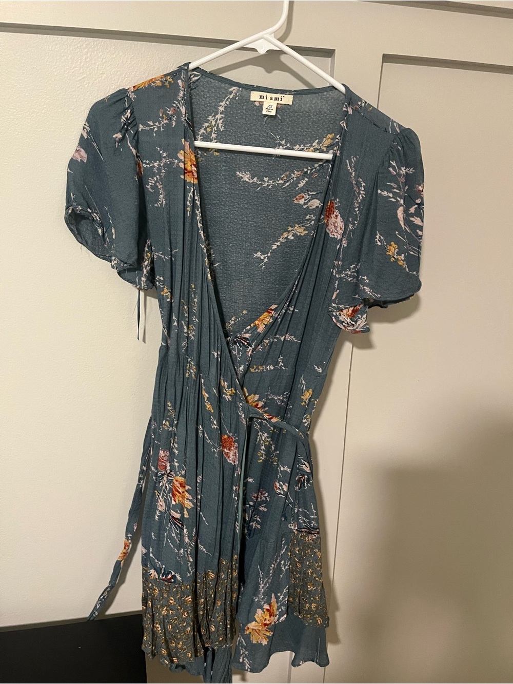 miami Teal Floral Wrap Mini Dress with Tie Waist